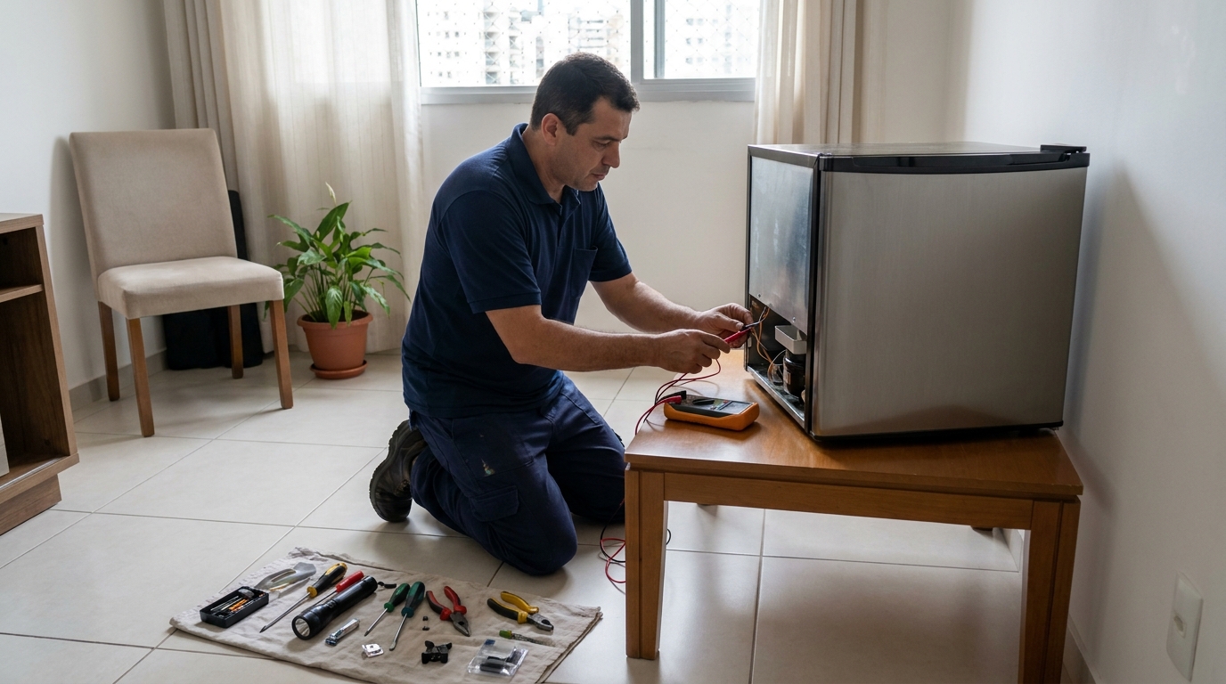 Técnico fazendo manutenção do motor de frigobar em Natal‑RN