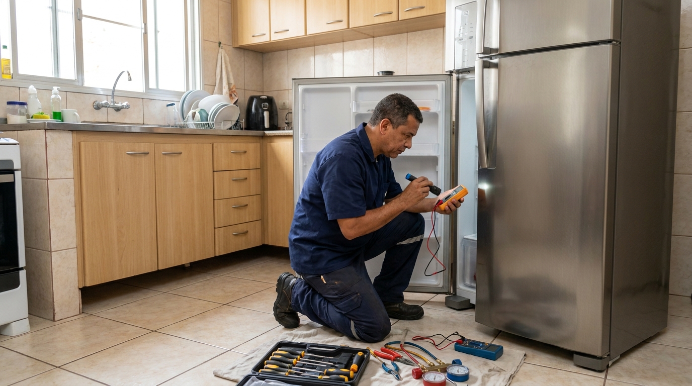 Técnico aplicando recarga de gás refrigerante em geladeira em Natal‑RN
